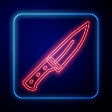Parlayan neon et helikopter simgesi mavi arkaplanda izole edildi. Kasap bıçağı. Et için mutfak bıçağı. Kasap bıçağı. Vektör.