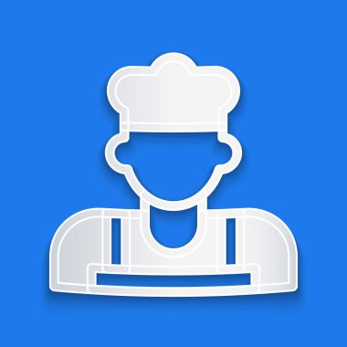 Kağıt kesiği Cook simgesi mavi arkaplanda izole edilmiş. Şef sembolü. Kağıt sanatı tarzı. Vektör.