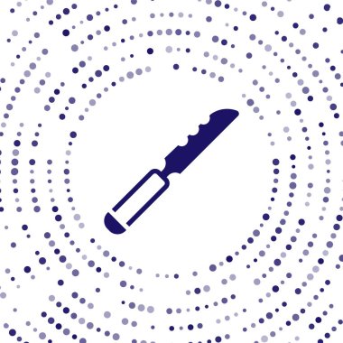 Mavi ekmek bıçağı simgesi beyaz arkaplanda izole edildi. Çatal bıçak sembolü. Soyut çember rastgele noktalar. Vektör.