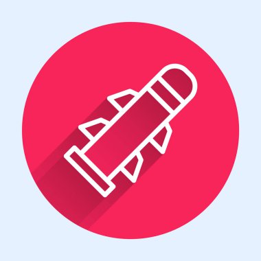 Beyaz çizgi Roket ikonu uzun gölgeli izole edilmiş. Kırmızı daire düğmesi. Vektör.