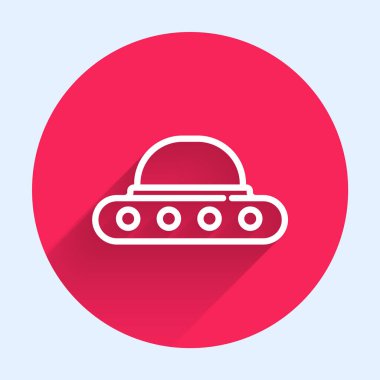 Beyaz çizgi UFO uçan uzay gemisi simgesi uzun gölgeli izole edildi. Uçan daire. Uzaylı uzay gemisi. Gelecekteki bilinmeyen uçan nesne. Kırmızı daire düğmesi. Vektör.