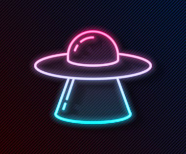 Parlayan neon hattı UFO uçan uzay gemisi simgesi siyah arkaplanda izole edildi. Uçan daire. Uzaylı uzay gemisi. Gelecekteki bilinmeyen uçan nesne. Vektör.