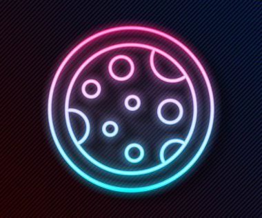 Siyah zemin üzerinde izole edilmiş bakteri simgesi olan parlak neon hattı Petri kabı. Vektör.