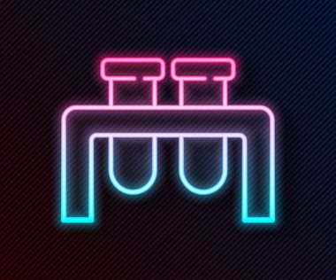 Parlayan neon hattı test tüpü ve kimyasal test ikonu siyah arkaplanda izole edildi. Laboratuvar cam levhası. Vektör.
