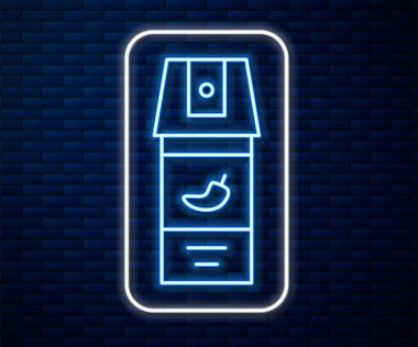 Parlayan neon hattı biber gazı ikonu tuğla duvar arkasında izole edilmiş. OC gazı. Capsicum nefsi müdafaa spreyi. Vektör.