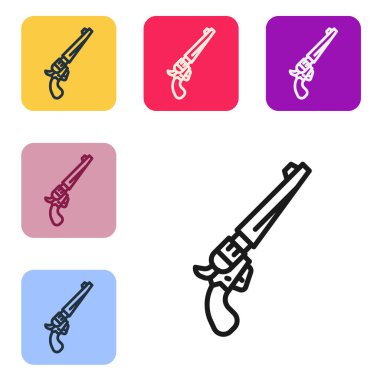 Siyah çizgi Revolver silah ikonu beyaz arkaplanda izole edildi. Renkli kare düğmelerle simgeleri ayarla. Vektör.