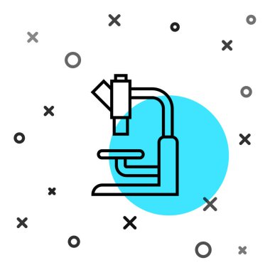 Siyah çizgi mikroskop simgesi beyaz arkaplanda izole edildi. Kimya, ilaç aleti, mikrobiyoloji büyütme aracı. Rastgele dinamik şekiller. Vektör.