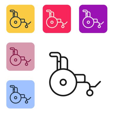 Özürlü kişi simgesi için siyah çizgi tekerlekli sandalye beyaz arkaplanda izole edildi. Renkli kare düğmelerle simgeleri ayarla. Vektör.