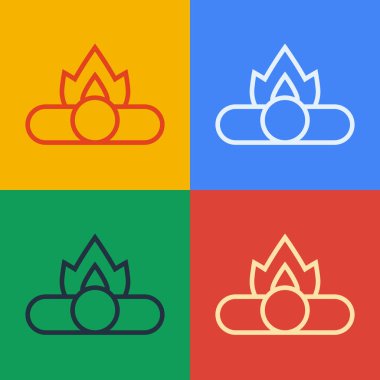 Pop Art Line Kamp Ateşi simgesi renk arkaplanında izole edildi. Odunla yanan şenlik ateşi. Vektör.