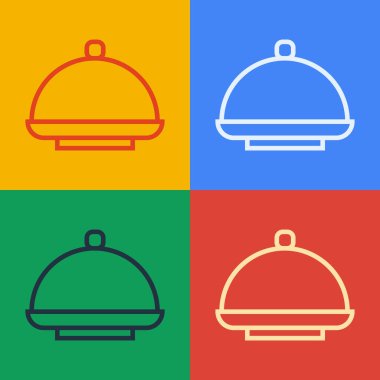 Popüler sanat çizgisi, arka planda izole edilmiş bir tepsi yemek ikonu ile kaplıdır. Tepsi ve kapak işareti. Kapaklı bir restoran saati. Vektör.