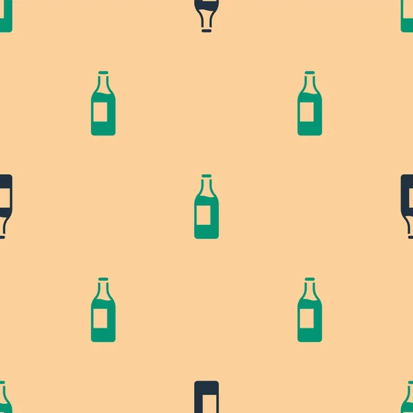 Green Black Wine Bottle Icon Isolated Seamless Pattern Beige Background — Stock Vector