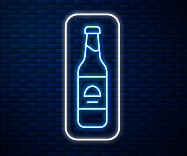 Gloeiende Neon Lijn Bier Fles Pictogram Geïsoleerd Baksteen Muur Achtergrond — Stockvector