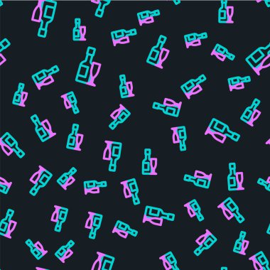 Çizgili şampanya şişesi ve bir bardak şampanya ikonu siyah arka planda izole edilmiş pürüzsüz desen. Mutlu Noeller ve mutlu yıllar. Vektör.