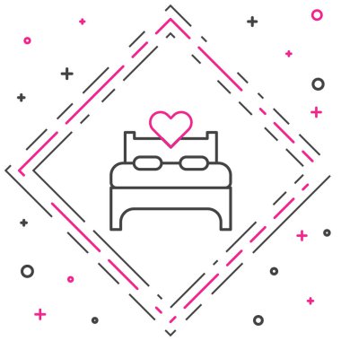 Yatak odası simgesi beyaz arkaplanda izole edildi. Düğün, aşk, evlilik sembolü. Balayı koleksiyonundan yatak odası yaratıcı ikonu. Renkli taslak konsepti. Vektör.