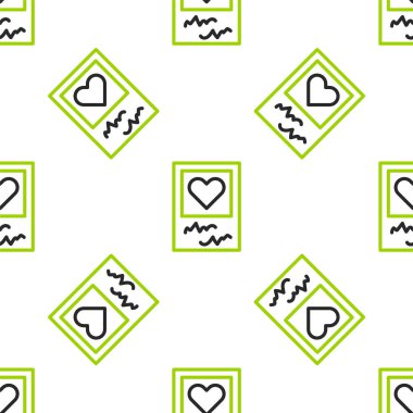 Çizgi boş fotoğraf çerçeveleri ve kalp simgesi beyaz arkaplanda izole edilmiş kusursuz desen. Sevgililer Günü sembolü. Vektör.