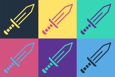 Pop Art Sword simgesi renk arkaplanında izole edildi. Ortaçağ silahı. Vektör.