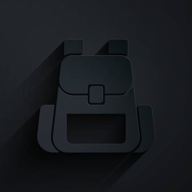 Kağıt kesiği Yürüyüş sırt çantası simgesi siyah arkaplanda izole edildi. Kamp ve dağ gezisi sırt çantası. Kağıt sanatı tarzı. Vektör.