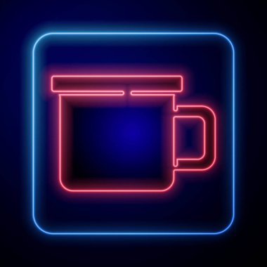 Parlayan neon kampı metal sabıka simgesi mavi arka planda izole edildi. Vektör.