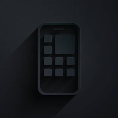 Kağıt kesimi Mobil Uygulamalar simgesi siyah arkaplanda izole edildi. Ekran simgeli akıllı telefon, uygulamalar. Cep telefonu ekranı görünüyor. Kağıt sanatı tarzı. Vektör.