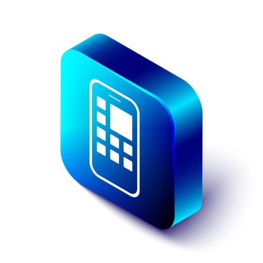Isometric Mobile Apps simgesi beyaz arkaplanda izole edildi. Ekran simgeli akıllı telefon, uygulamalar. Cep telefonu ekranı görünüyor. Mavi kare düğme. Vektör.