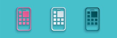 Kağıt kesimi Mobil Uygulamalar simgesi mavi arkaplanda izole edildi. Ekran simgeli akıllı telefon, uygulamalar. Cep telefonu ekranı görünüyor. Kağıt sanatı tarzı. Vektör.