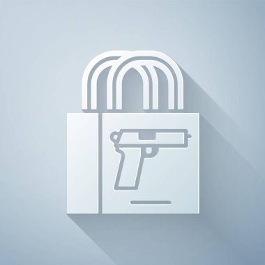 Kağıt kesiği, gri arkaplanda izole edilmiş silah tabancası ikonu satın alma. Silah satın alıyorum. Kağıt sanatı tarzı. Vektör.
