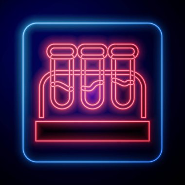 Parlayan neon test tüpü ya da mavi arka planda kan ikonu olan matara. Laboratuvar, kimyasal, bilimsel cam levha. Vektör.