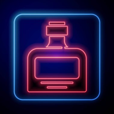 Parlayan neon viski şişesi ikonu mavi arka planda izole edilmiş. Vektör.