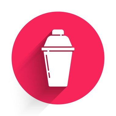 Uzun gölgeli beyaz kokteyl sallama ikonu. Kırmızı daire düğmesi. Vektör.