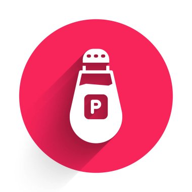 Beyaz Biber ikonu uzun gölgeli izole edilmiş. Yemek pişirme baharatları. Kırmızı daire düğmesi. Vektör.