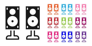 Siyah Stereo hoparlör simgesi beyaz arkaplanda izole edildi. Ses sistemi hoparlörleri. Müzik ikonu. Müzikal sütun hoparlörü. Simgeleri renklendirin. Vektör.