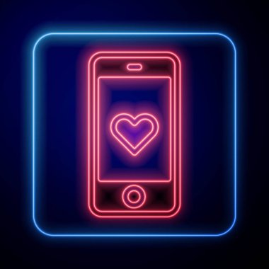 Kalp emojisi konuşma balonlu parlak neon akıllı telefon mavi arkaplanda izole edilmiş ekran simgesine mesaj gönder. Sevgililer Günü. Vektör.