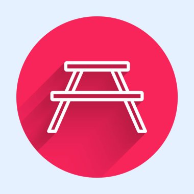 Masa simgesinin her iki tarafında uzun gölgeli beyaz çizgi piknik masası. Kırmızı daire düğmesi. Vektör.