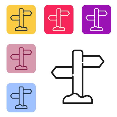 Siyah çizgi trafik levhası. Beyaz arkaplanda sinyal simgesi izole edildi. İşaretçi sembolü. Sokak bilgi tabelası. Yön tabelası. Renkli kare düğmelerle simgeleri ayarla. Vektör.