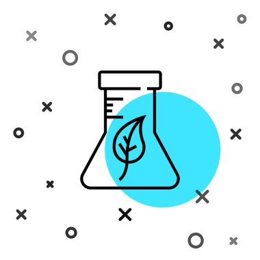 Siyah çizgi test tüpü ve beyaz arka planda izole edilmiş kimyasal test ikonu. Laboratuvar cam levhası. Rastgele dinamik şekiller. Vektör.