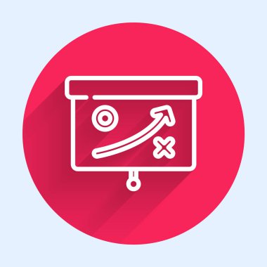 Beyaz çizgi planlama stratejisi konsepti uzun gölgeli izole edilmiş. Bardak düzeni ve taktik. Kırmızı daire düğmesi. Vektör.