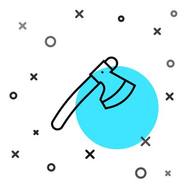 Siyah çizgi tahta balta simgesi beyaz arkaplanda izole edildi. Oduncu baltası. Rastgele dinamik şekiller. Vektör.