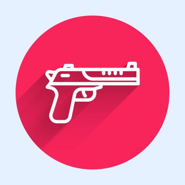 Beyaz çizgili Çöl Kartalı silah ikonu uzun gölgeli izole edilmiş. Kırmızı daire düğmesi. Vektör.