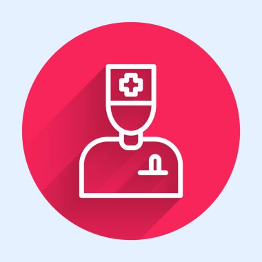 Beyaz çizgi erkek doktor ikonu uzun gölgeli izole edilmiş. Kırmızı daire düğmesi. Vektör.
