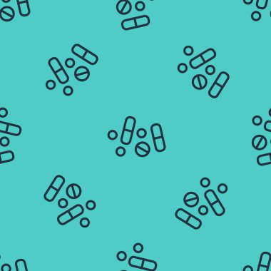 Siyah çizgi ilaç veya tablet ikonu yeşil arka planda izole edilmiş pürüzsüz desen. Kapsül hapı ve uyuşturucu işareti. Eczane tasarımı. Vektör.