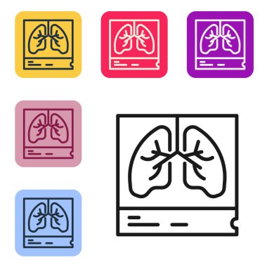 Beyaz arka planda siyah çizgili akciğer x-ışını teşhis simgesi izole edildi. Ciğerlerin ekran görüntüsü. Renkli kare düğmelerle simgeleri ayarla. Vektör.