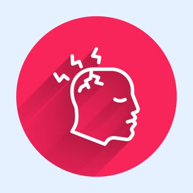 Beyaz Çizgili Adam 'ın başı ağrıyor, migren ikonu uzun gölgeli. Kırmızı daire düğmesi. Vektör.