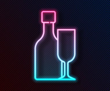 Siyah zemin üzerinde cam ikon bulunan parlak neon çizgili şarap şişesi. Vektör.