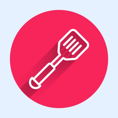Beyaz çizgi Spatula ikonu uzun gölgeli izole edilmiş. Mutfak spatula ikonu. Barbekü spatula işareti. Barbekü ve ızgara aleti. Kırmızı daire düğmesi. Vektör.