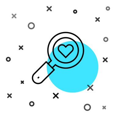 Siyah çizgi, beyaz arka planda kalp ve aşk simgesini ara. İçinde kalp olan büyüteç. Rastgele dinamik şekiller. Vektör.