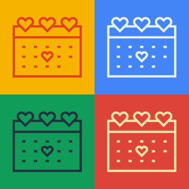 Renk arkaplanında kalp ikonu olan pop sanat çizgisi takvimi. Sevgililer Günü. Aşk sembolü. 14 Şubat. Vektör.