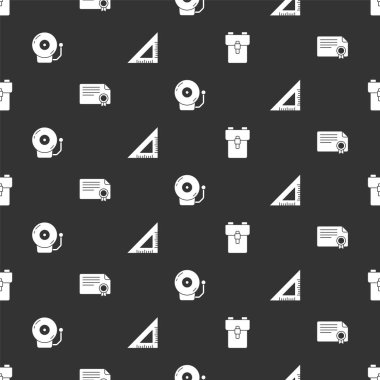 Okul sırt çantasını, sertifika şablonunu alarm zilini ve üçgen cetveli sorunsuz bir şekilde ayarla. Vektör.