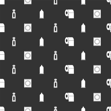 Tuvalet kâğıdını rulo yap, prezervatifi güvenli seks paketinde tut, diş macunu tüpünü ve kusursuz deseni hazırla. Vektör.