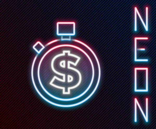 Žhnoucí Neonová Čára Čas Ikona Peněz Izolované Černém Pozadí Peníze — Stockový vektor