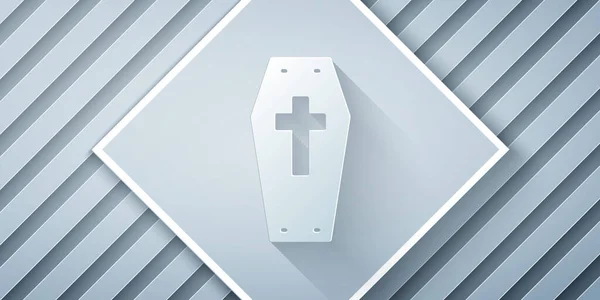 Paper Cut Coffin Christian Cross Icon Isolated Grey Background Happy — Stock Vector